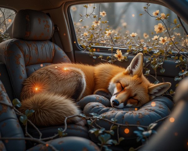 Cozy Car Interior with Sleeping Fox and Soft Flowers