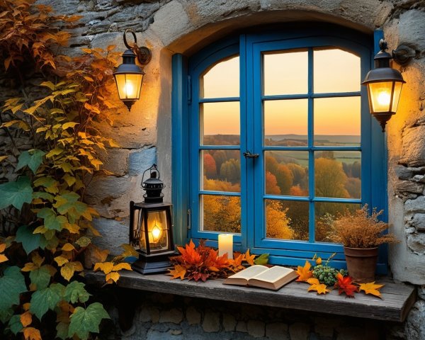 Cozy Window View of Autumn Landscape with Lanterns
