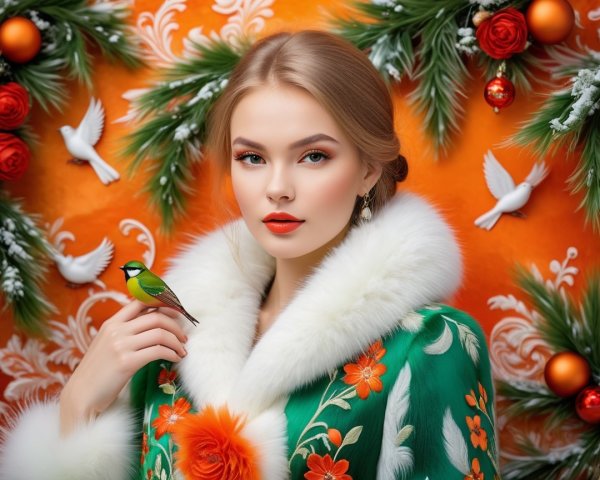 Young woman in green coat with floral patterns