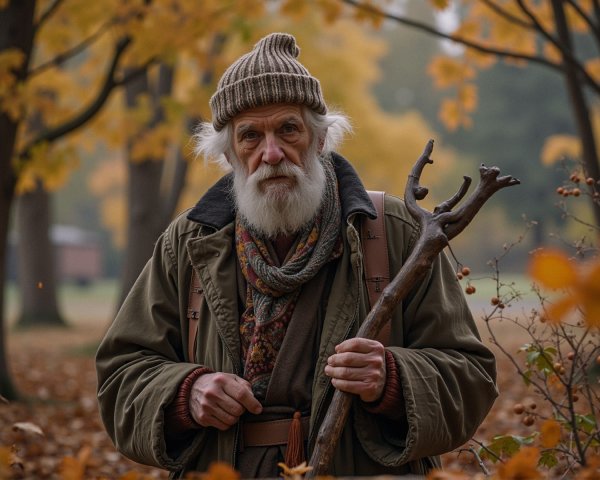 Elderly Man in Autumn Park with Wooden Staff