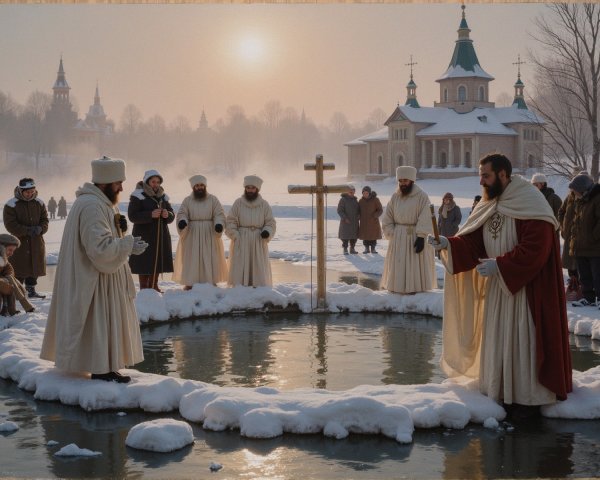 Winter Gathering Around a Frozen Pool with Cross