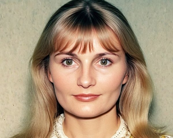 Woman with Blonde Hair and Green Eyes in Vintage Setting