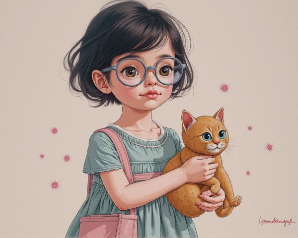 Young girl with orange cat in playful pink setting