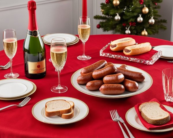 Festive Dining Table with Holiday Decor and Food Items