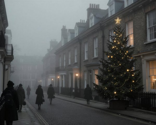 Foggy London Street with Brick Row Houses and Christmas Tree