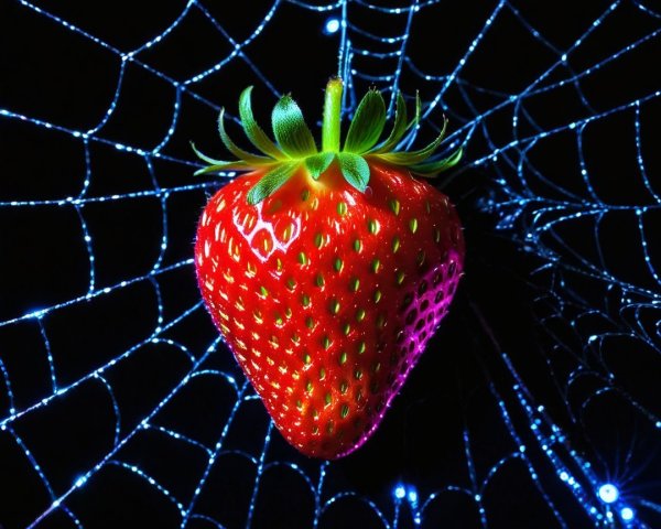 Red Strawberry in Spider Web with Blue Lights