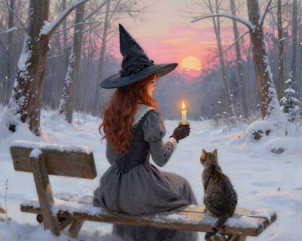 Red-haired woman with cat on snowy bench at sunset