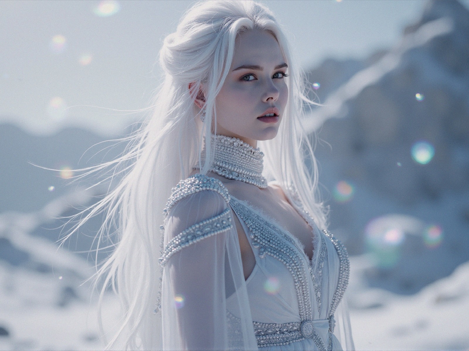 Young woman in beaded gown in snowy landscape