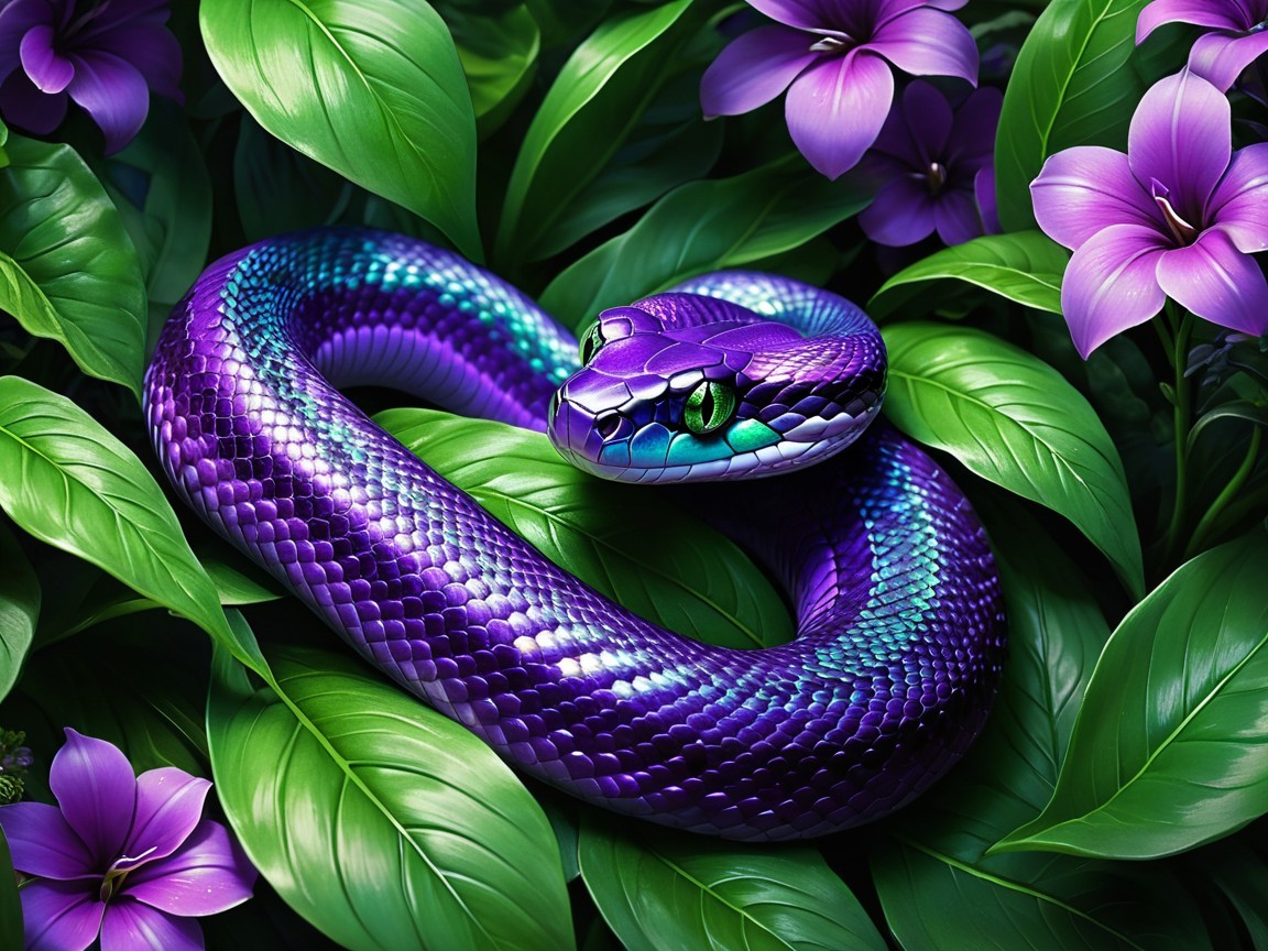 Vibrant Purple Snake Among Green Leaves and Flowers
