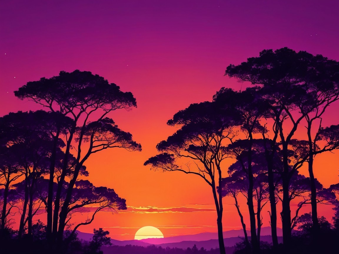 Vibrant Sunset with Silhouetted Trees and Tranquil Colors