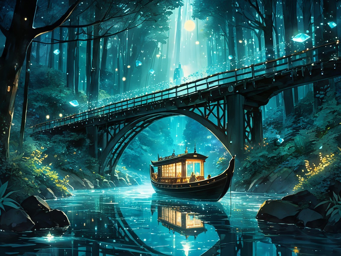 Mystical Forest with Boat and Enchanted Bridge
