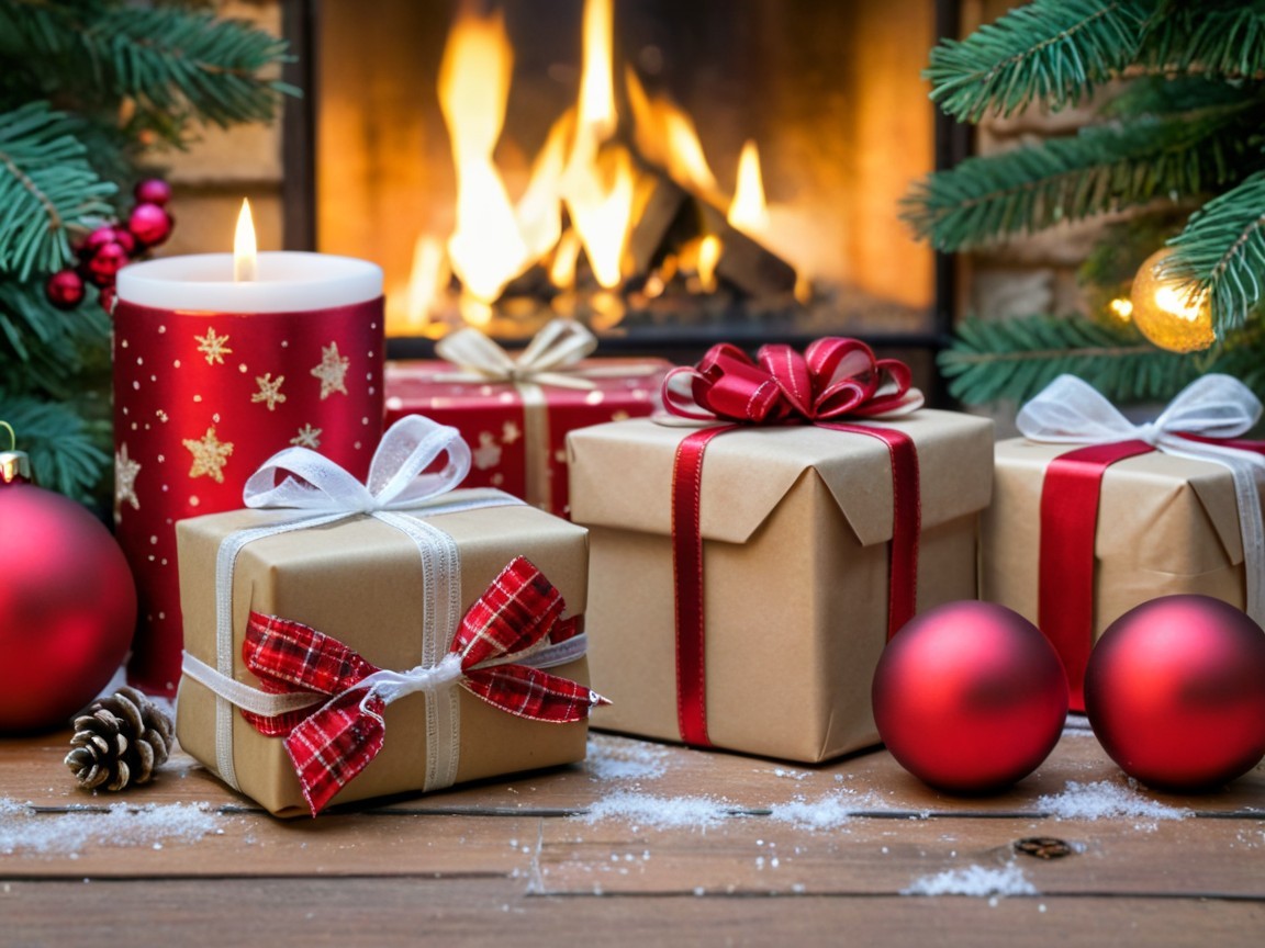 Cozy Christmas Scene with Fireplace and Festive Decor