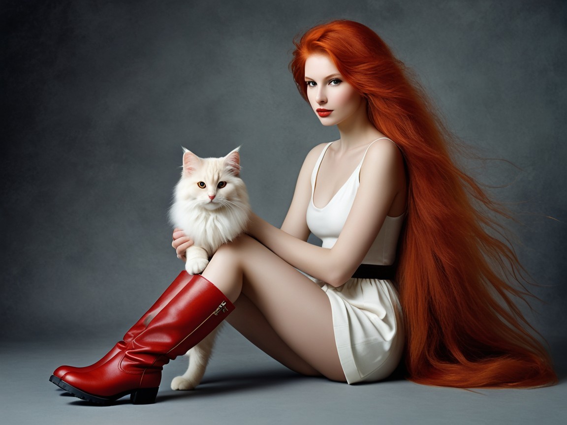 Young woman in white dress with fluffy white cat