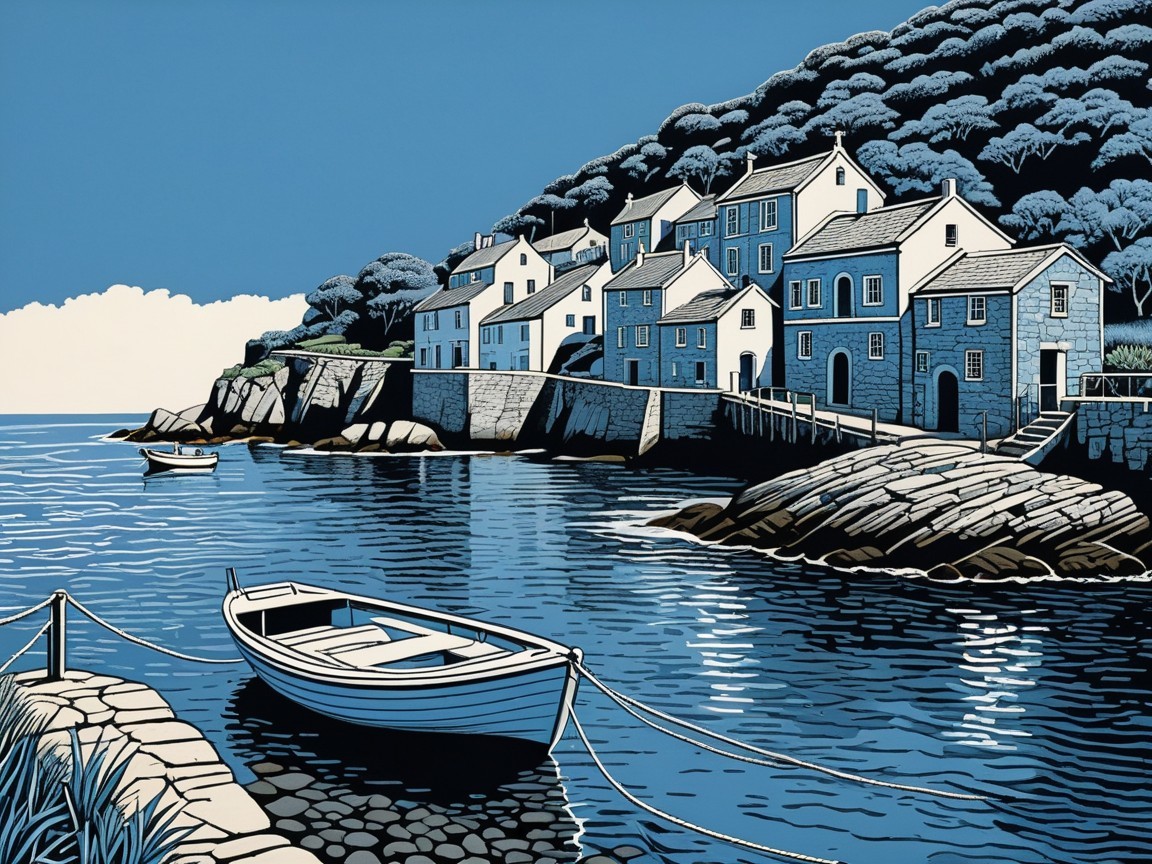 Tranquil Coastal Harbor with Charming Houses and Cliffs