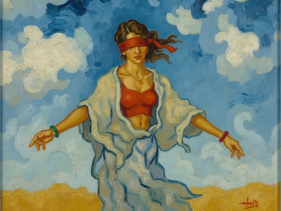 Woman in red blindfold in expansive landscape scene