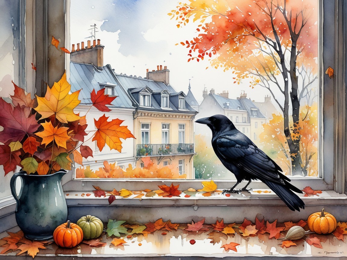 Autumn Scene with Raven and Cozy Windowsill Decor