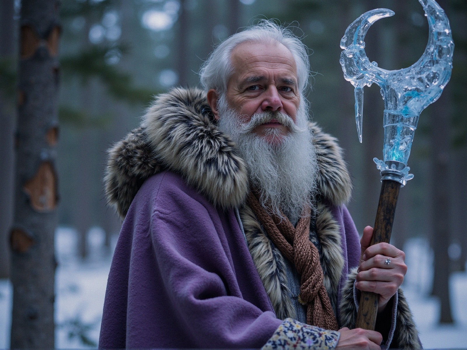 Elder in Purple Robe in Snowy Forest Scene