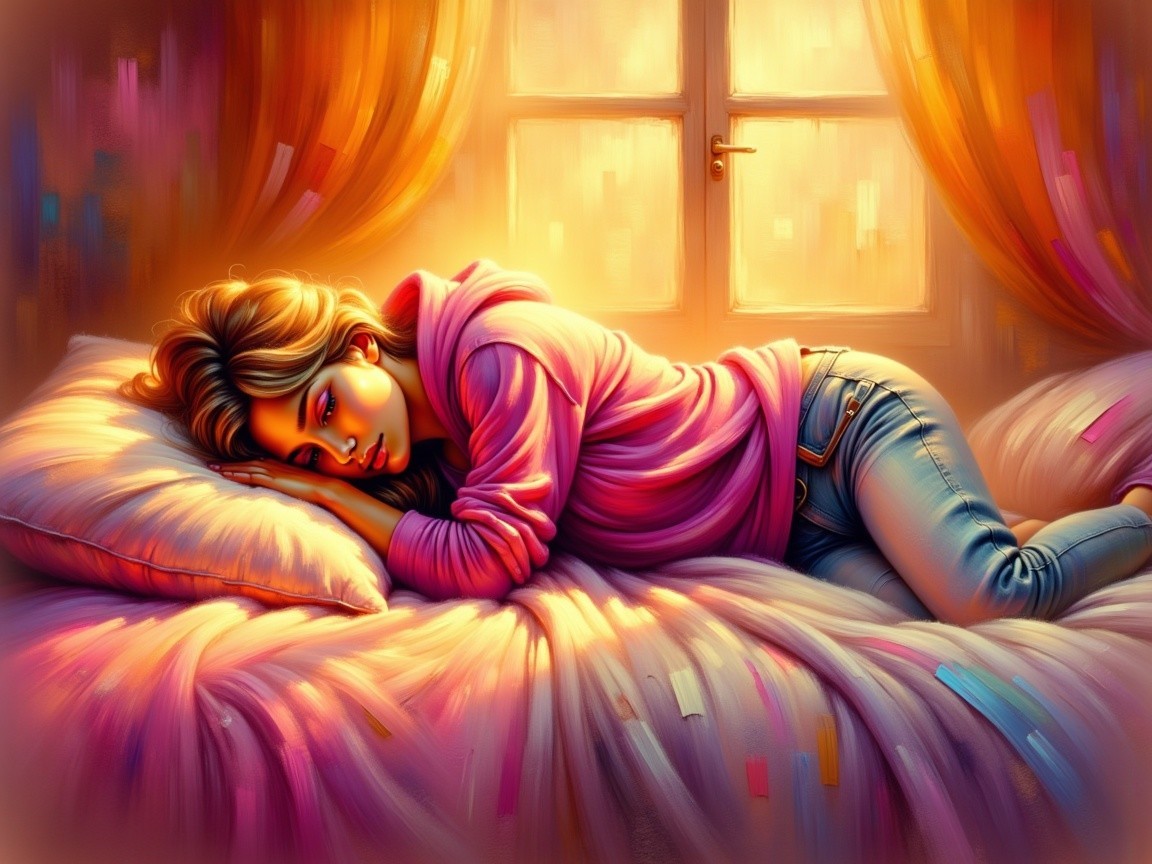 Cozy bedroom scene with a young woman in pink hoodie