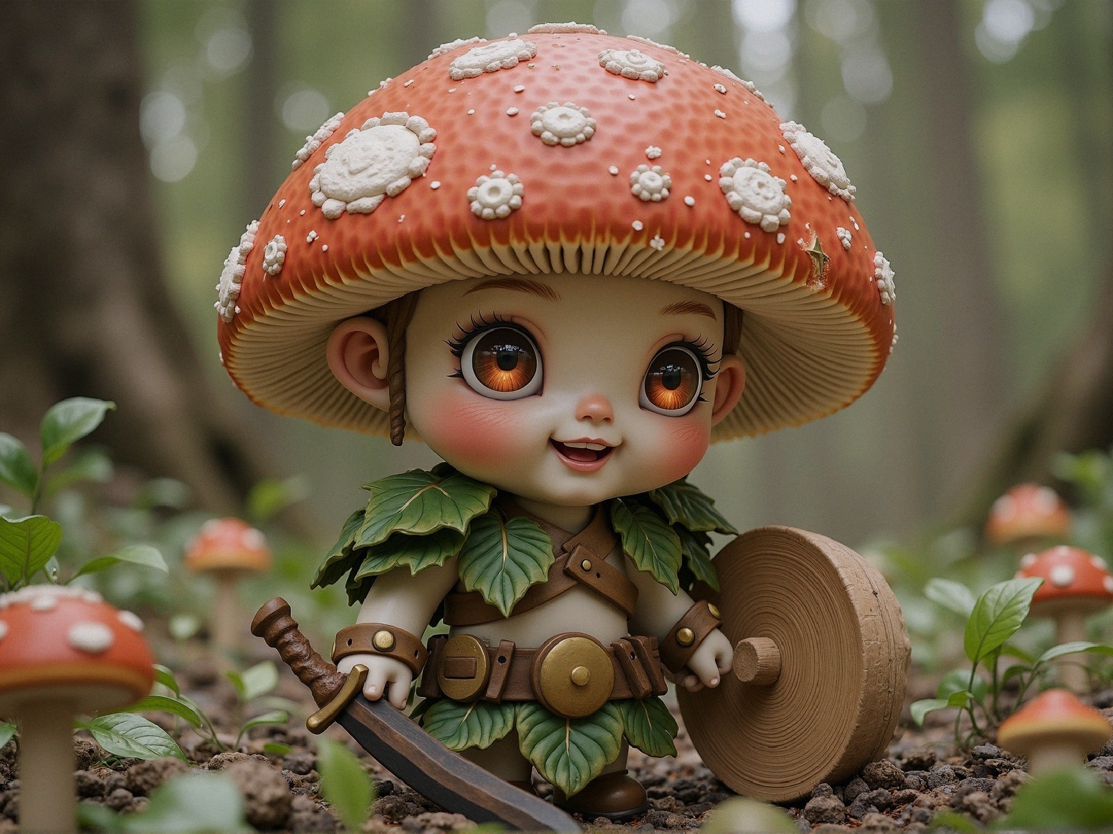 Whimsical Figure in Forest with Mushroom Cap and Shield