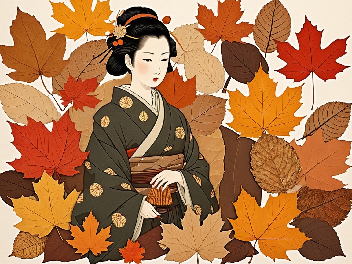 Woman in Kimono Surrounded by Autumn Leaves