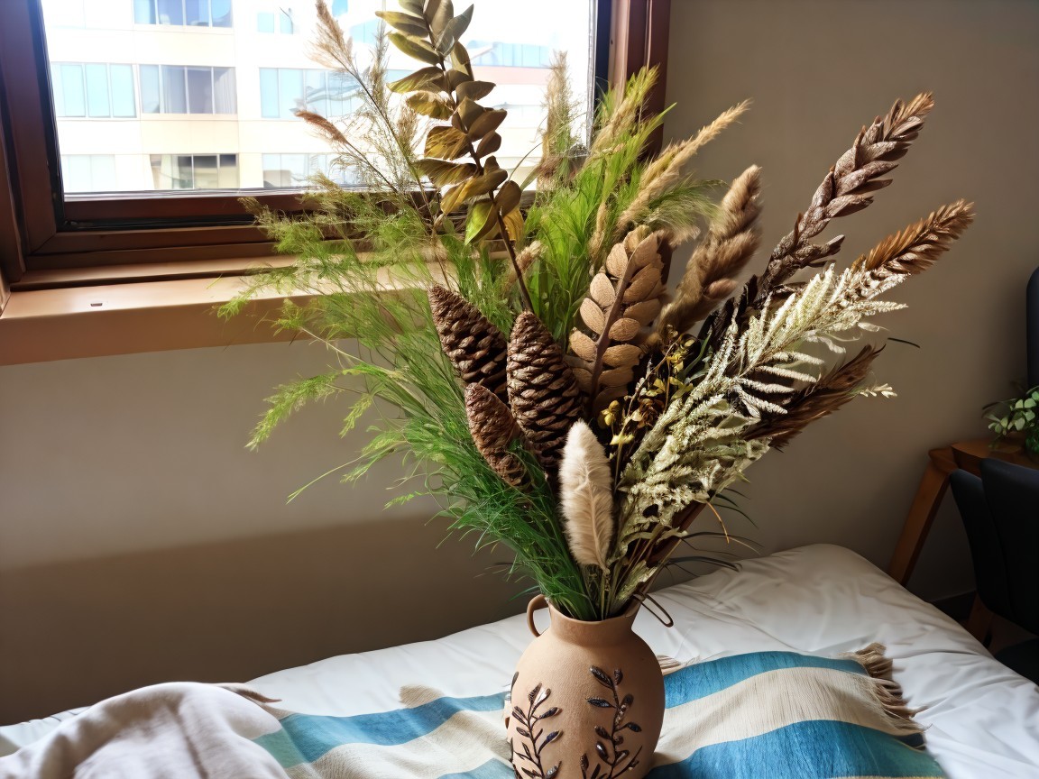Decorative Vase with Dried Flowers and Grasses Arrangement