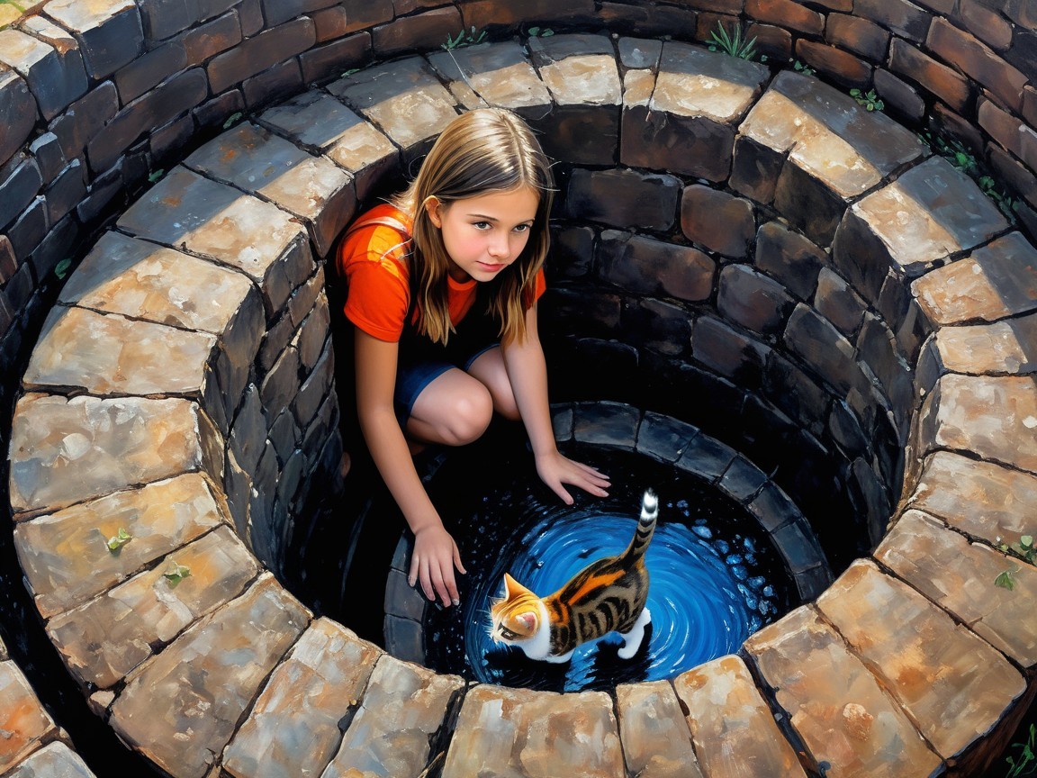 Young Girl and Cat by a Vividly Painted Well