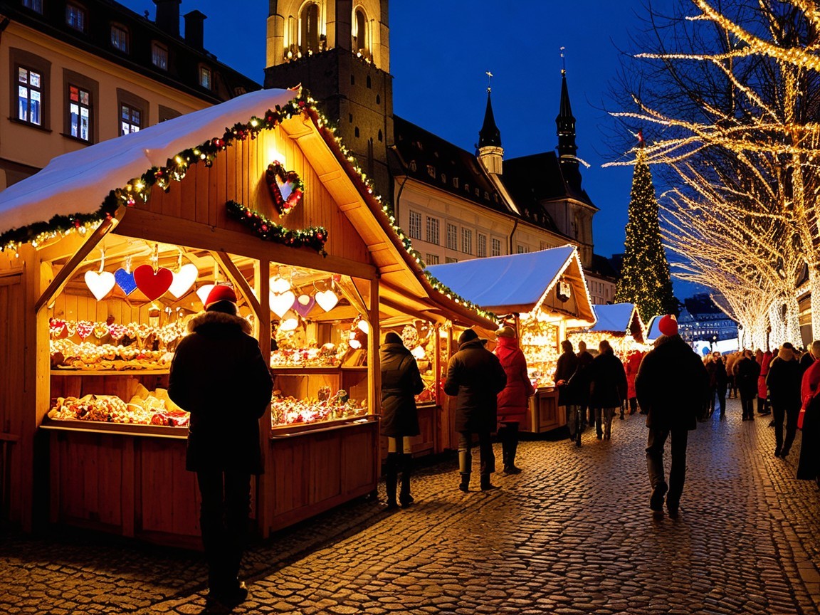 Festive Evening Market Scene with Holiday Decorations
