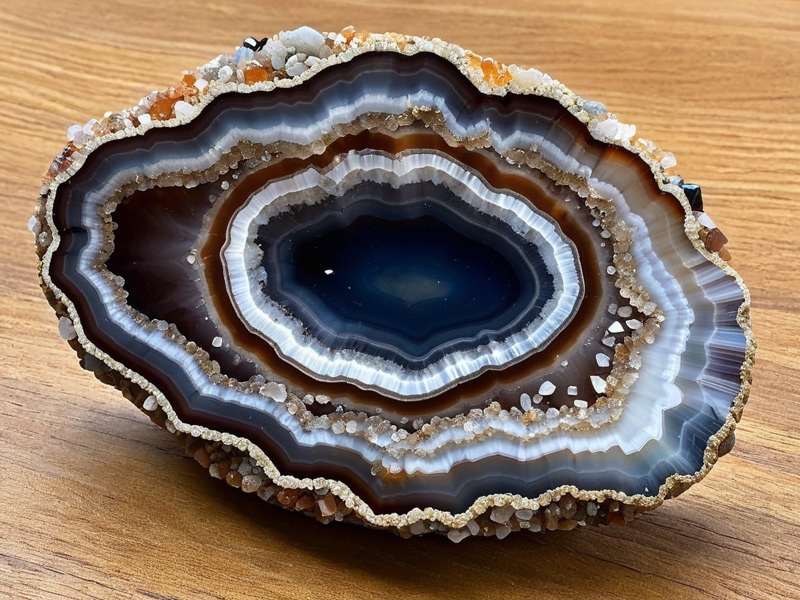 Stunning Agate Slice with Layered Bands and Crystals