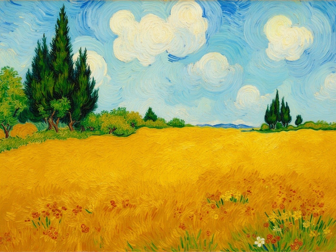 Vibrant Wheat Field Under Blue Sky and White Clouds