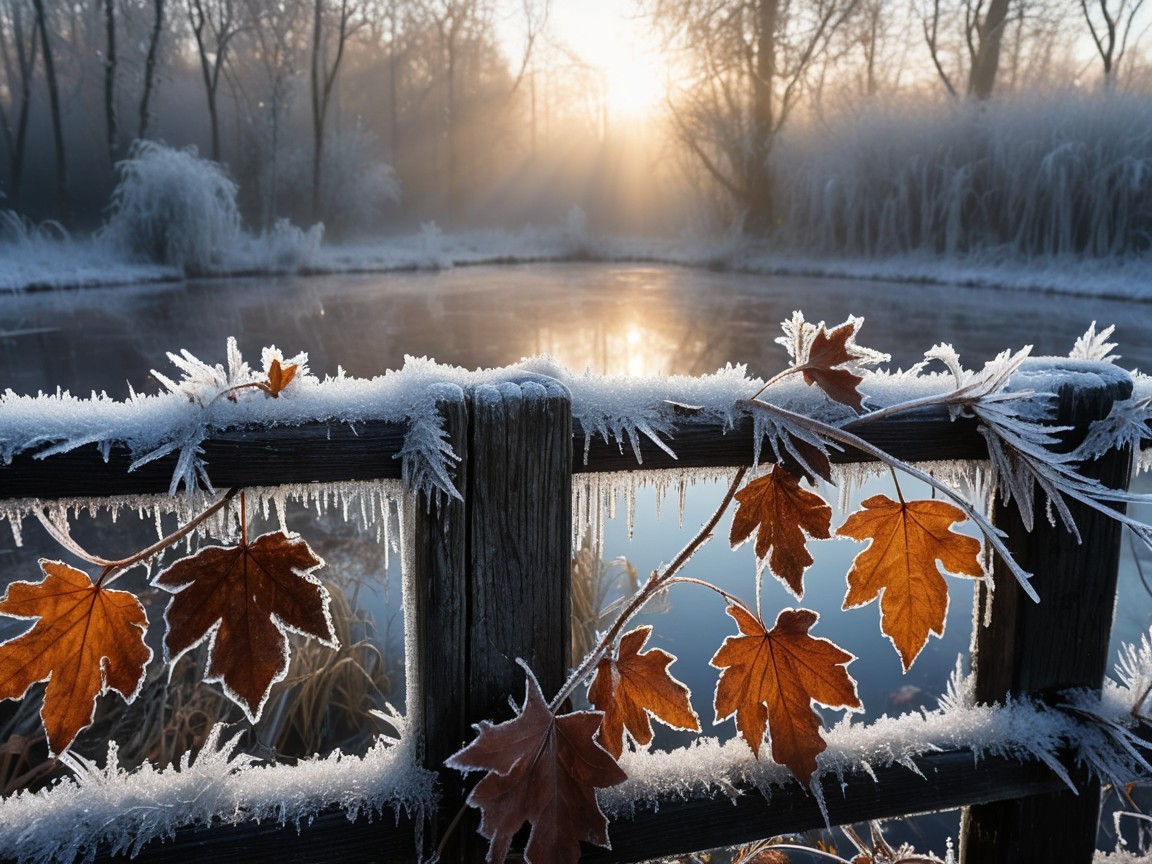 Serene winter scene with frosted leaves and mist