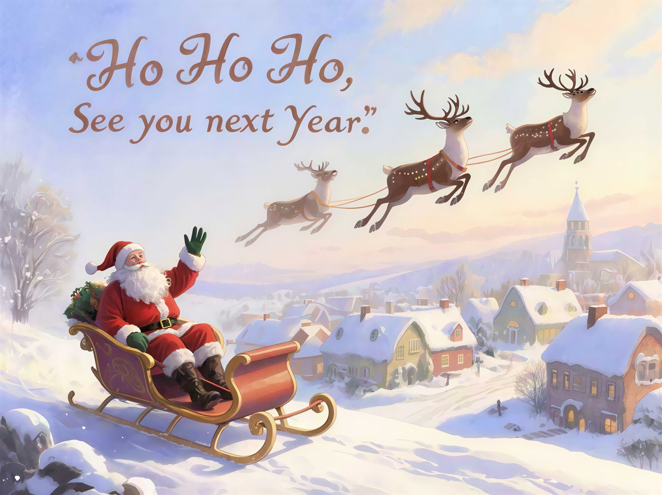 Santa Claus in Sleigh with Reindeer Over Snowy Village