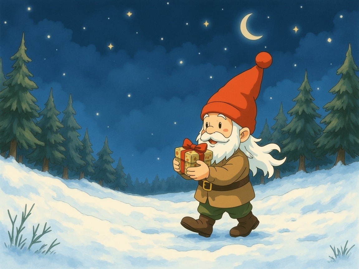Cheerful gnome in snowy landscape with presents