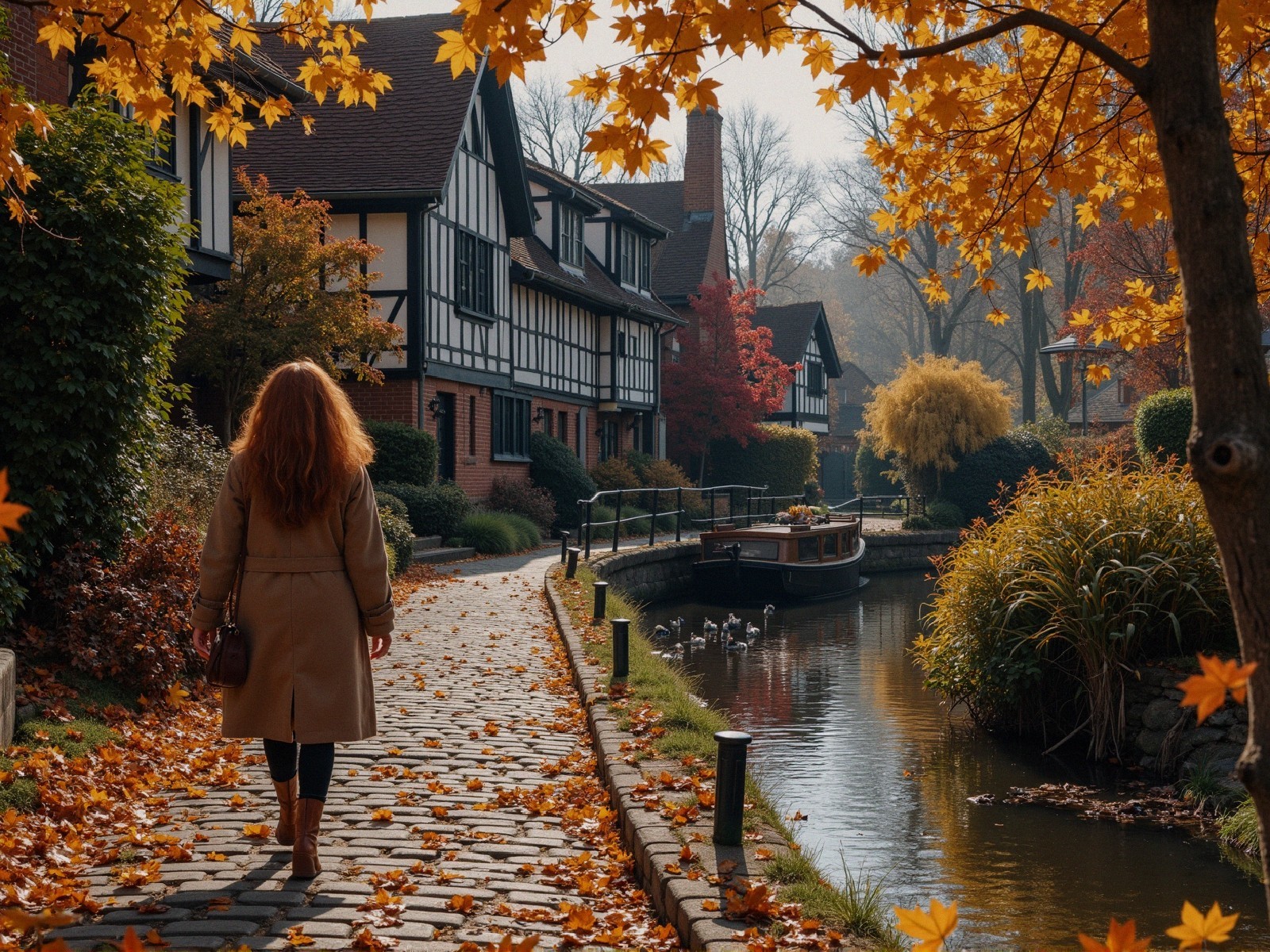 Autumn Scene with Woman by Canal and Tudor Houses