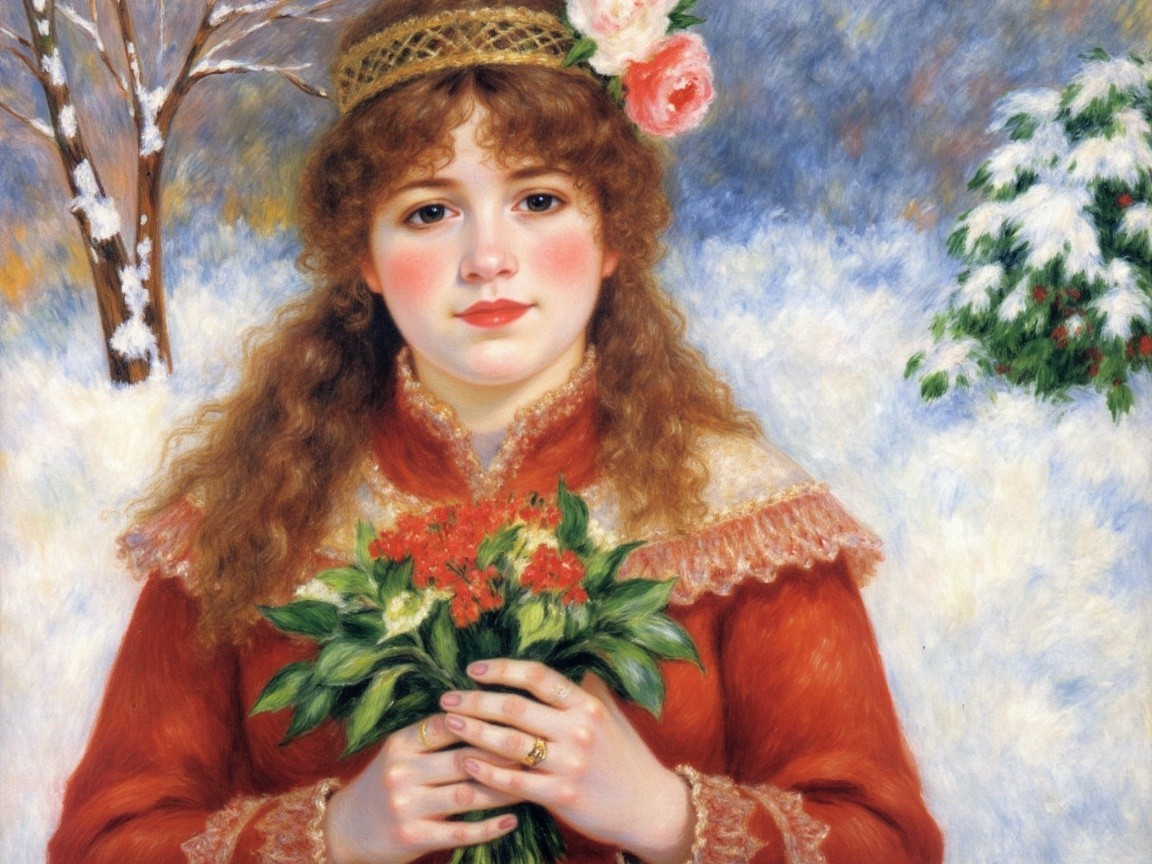 Young girl in red coat with flowers in snowy scene