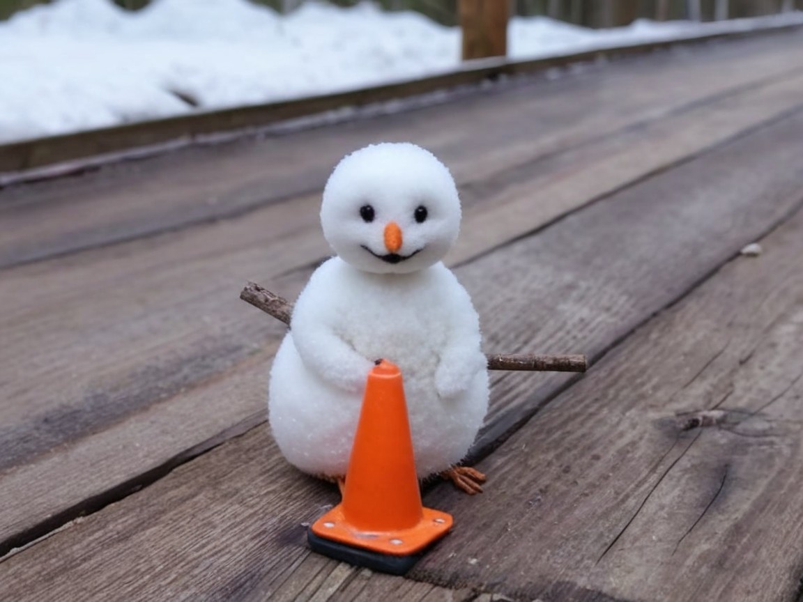 Plush Snowman with Traffic Cone on Wooden Surface