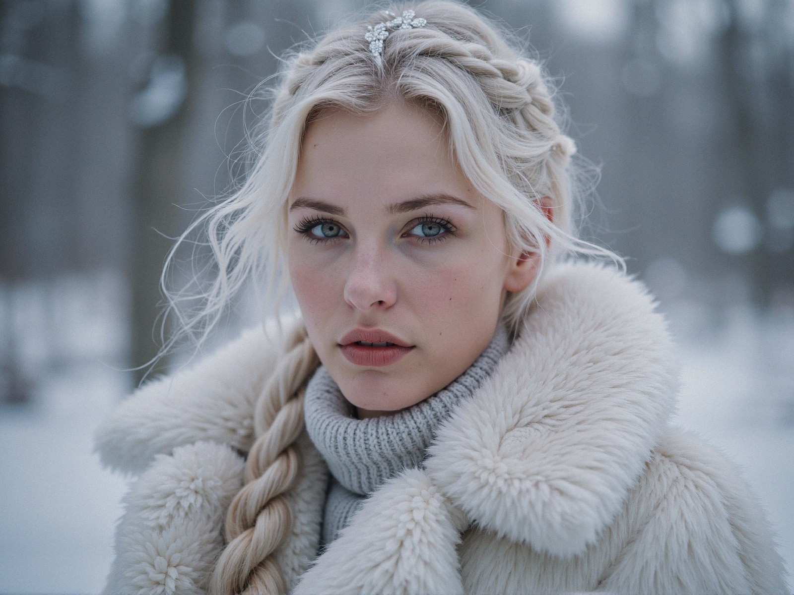 Young woman in snowy landscape with braided blonde hair