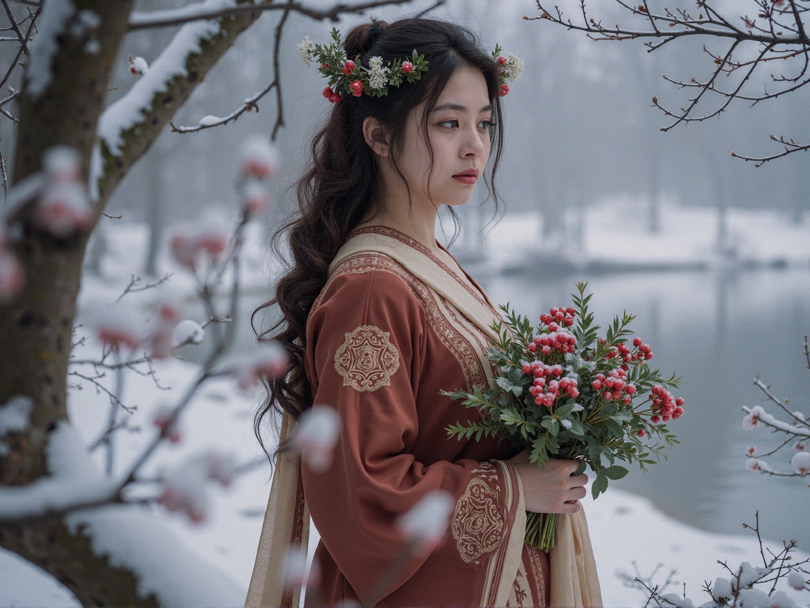 Young Woman in Brown Gown in Snowy Landscape