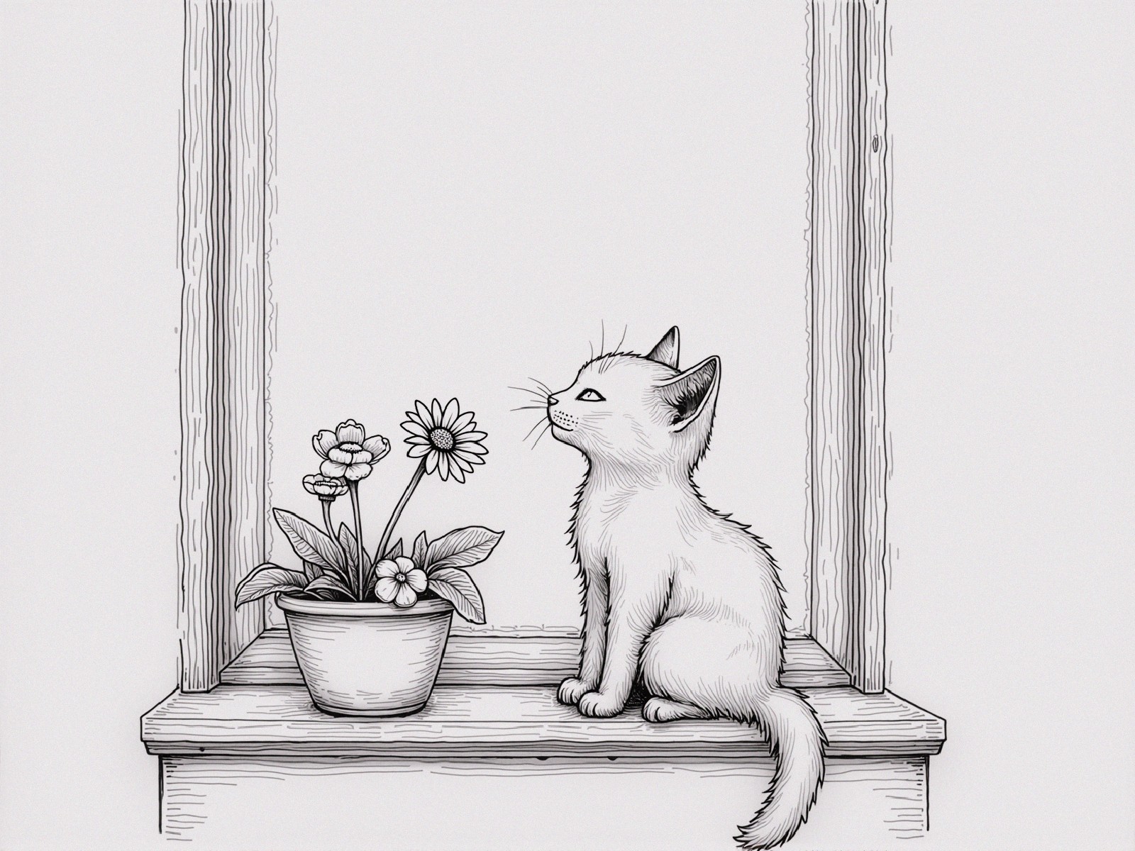 Whimsical Cat Illustration on Windowsill with Flower