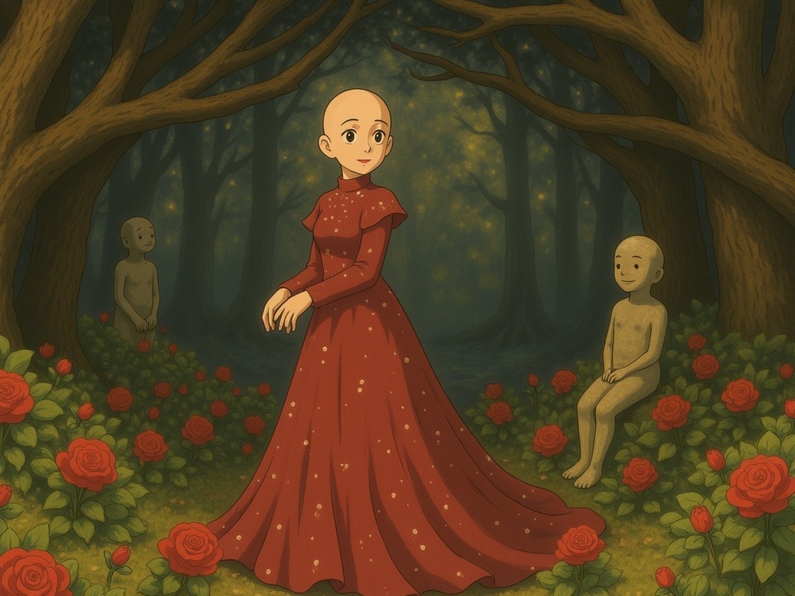 Young girl in red dress amidst mystical forest scene