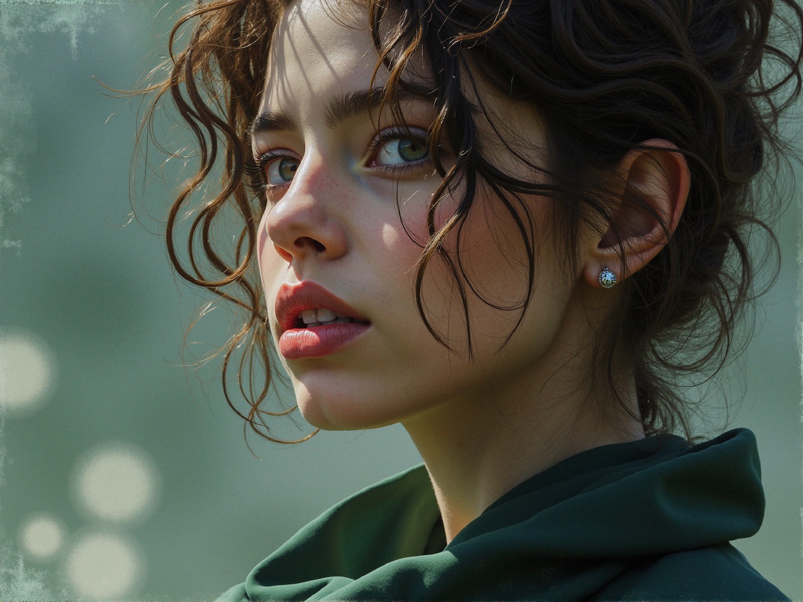 Young woman with curly hair in a soft green garment