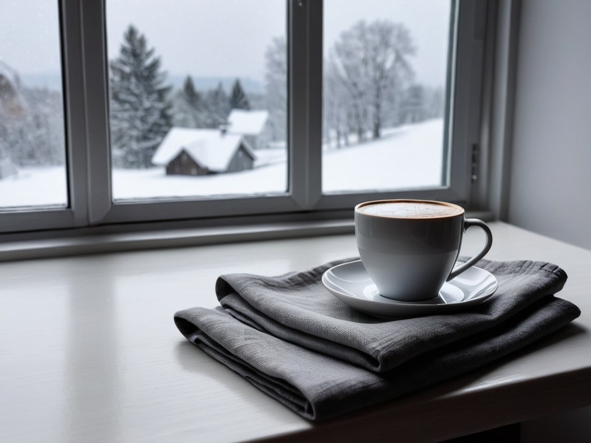 Cozy Winter Scene with Coffee and Snowy Landscape