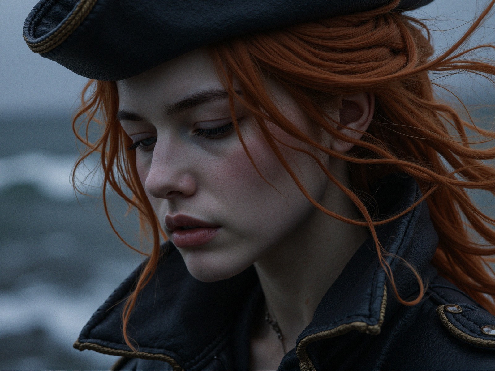 Young woman in stylish jacket by moody seascape