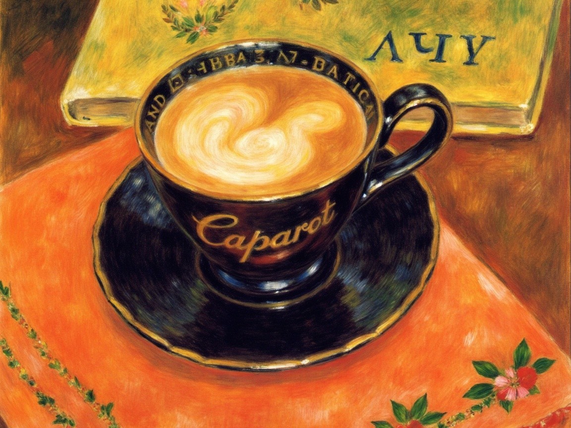 Textured Painting of Coffee Cup with Heart Latte Art