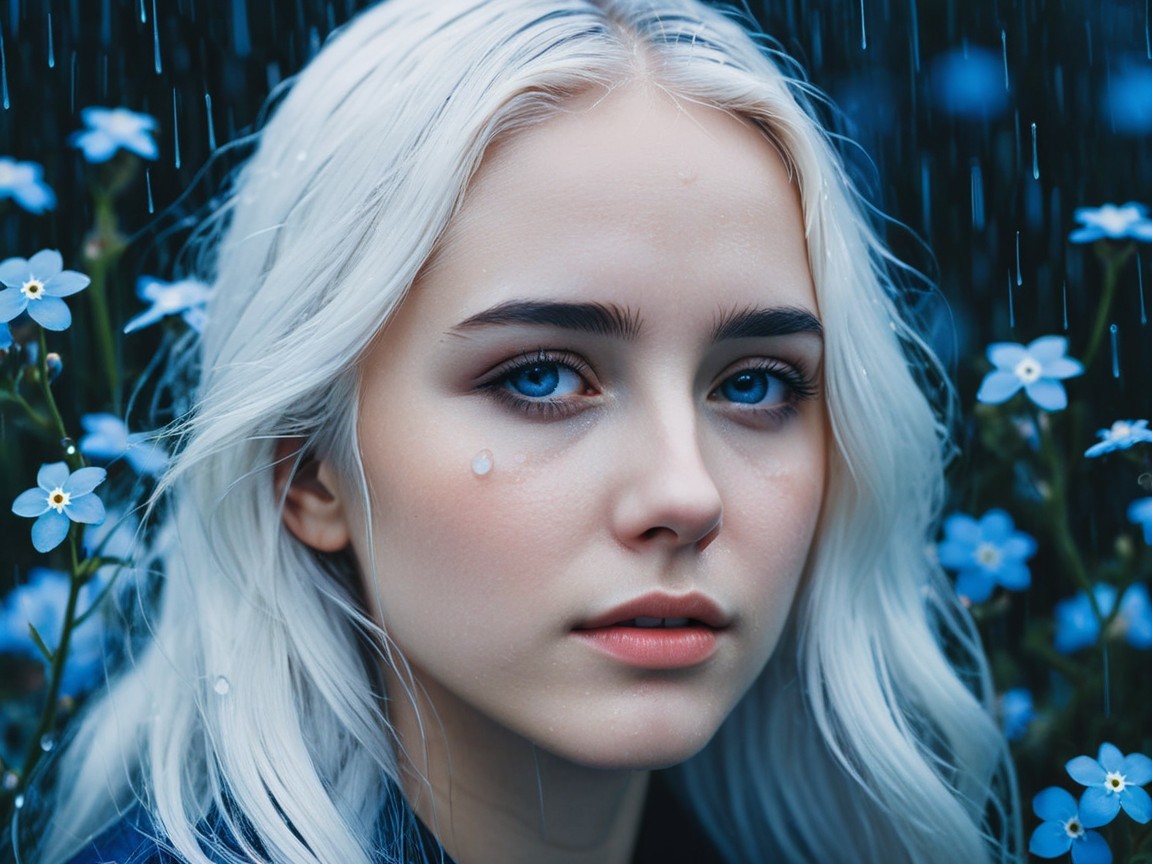 Young woman with white hair and blue flowers in rain