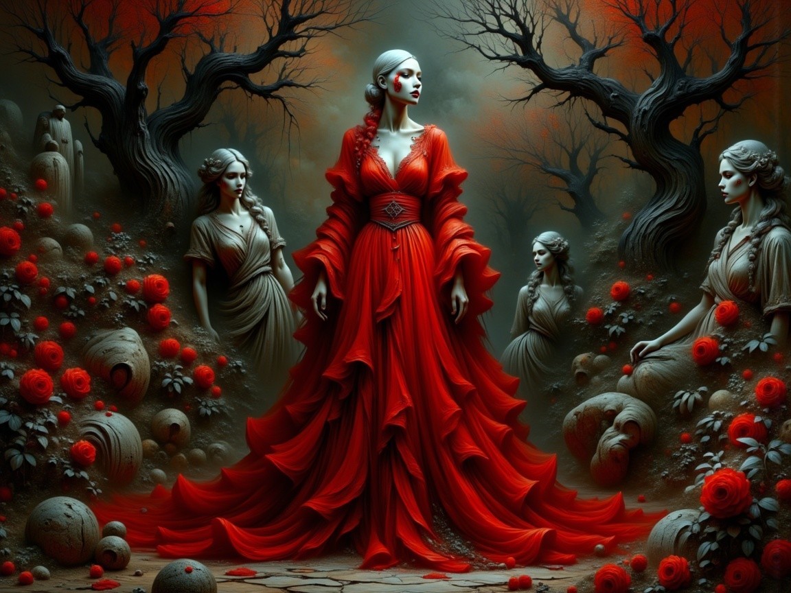 Ethereal Scene with Red Gown and Ghostly Figures