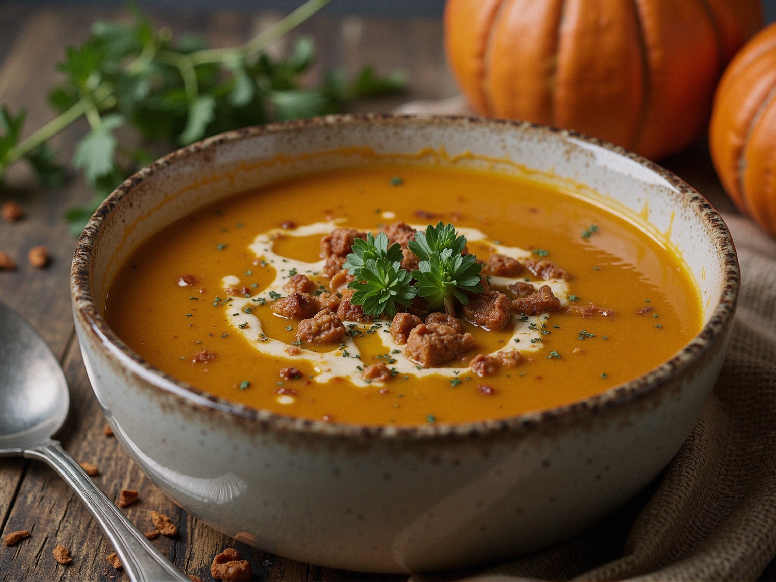 Creamy Pumpkin Soup with Herbs and Rustic Decor