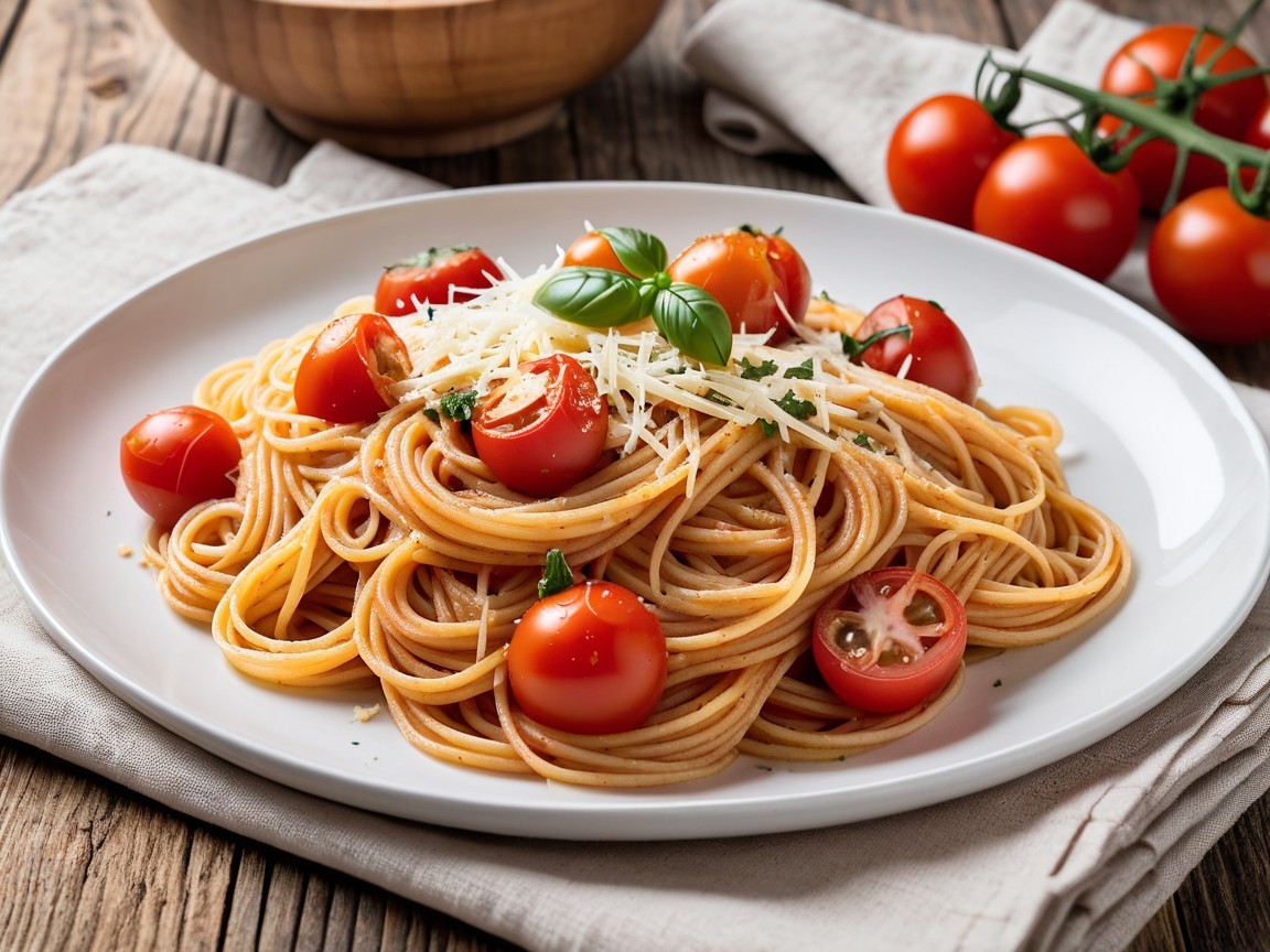 Spaghetti with Cherry Tomatoes and Basil Garnish