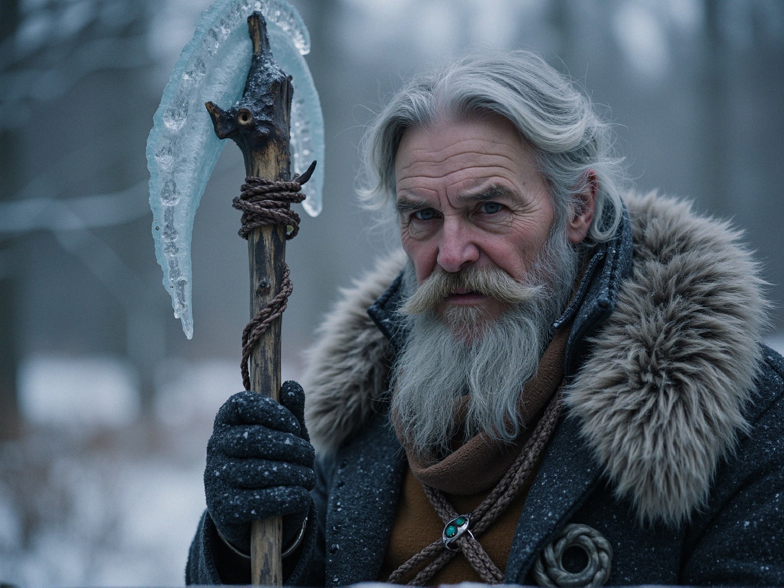 Elderly Man in Snowy Forest with Mystical Staff