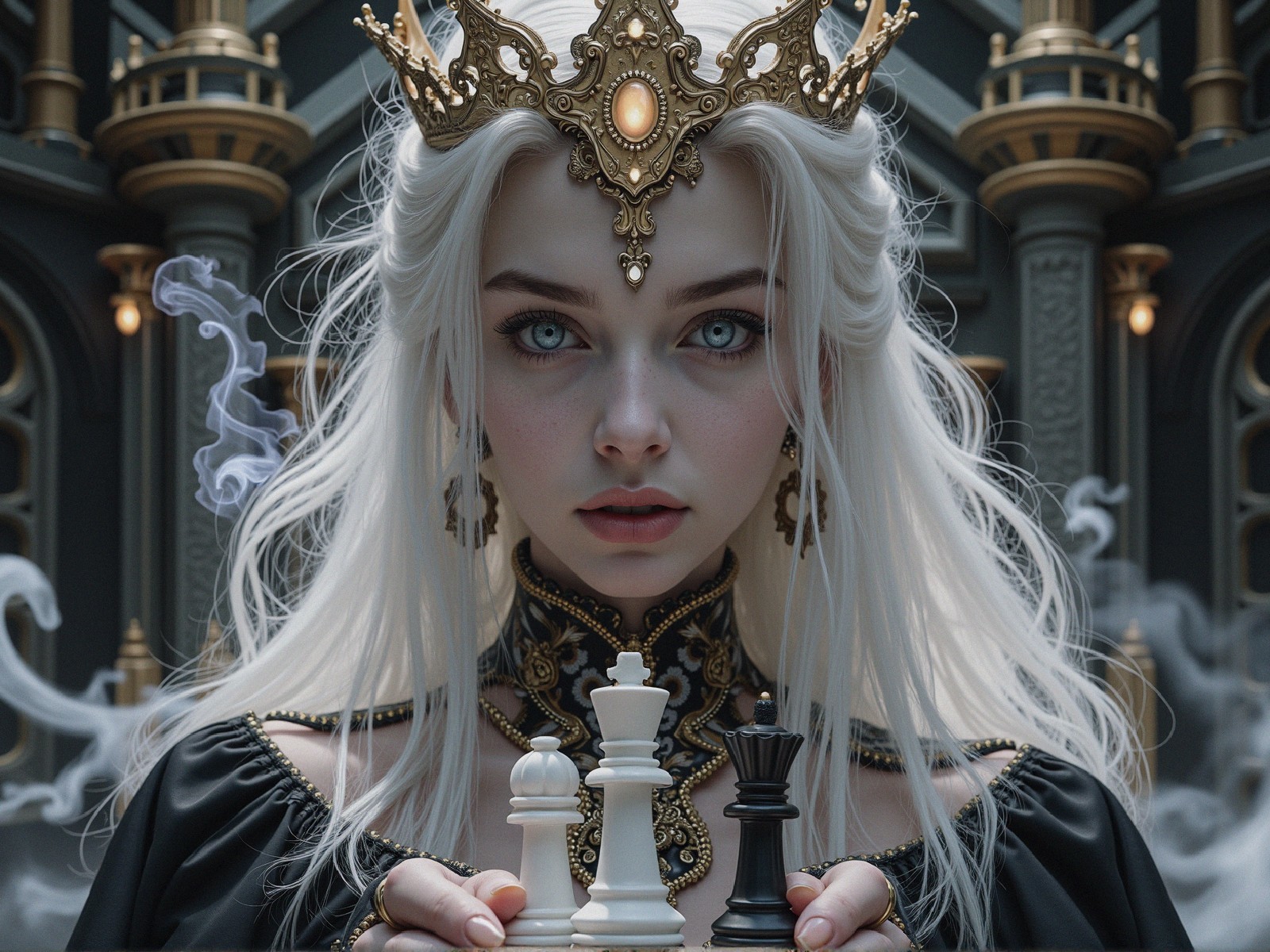 Young Woman in Ornate Chamber with Chess Pieces