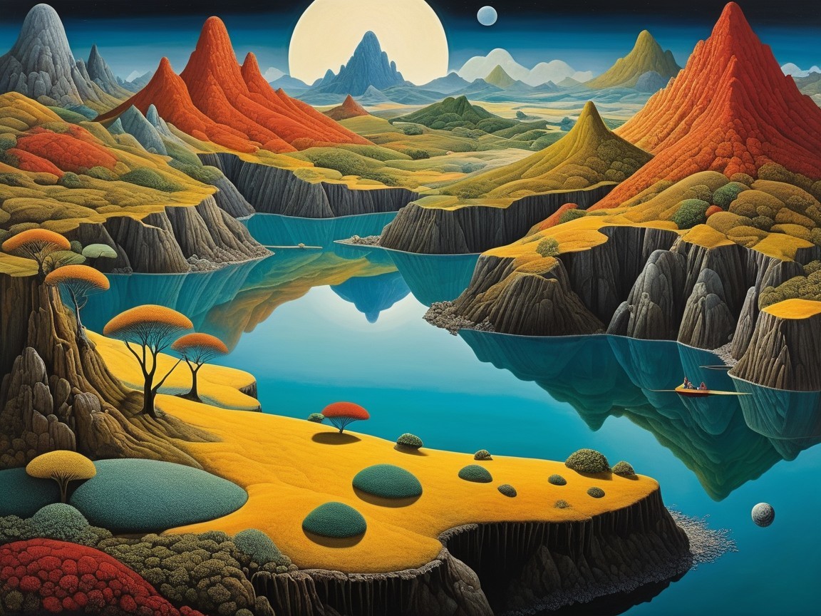 Surreal landscape with vibrant mountains and calm lake